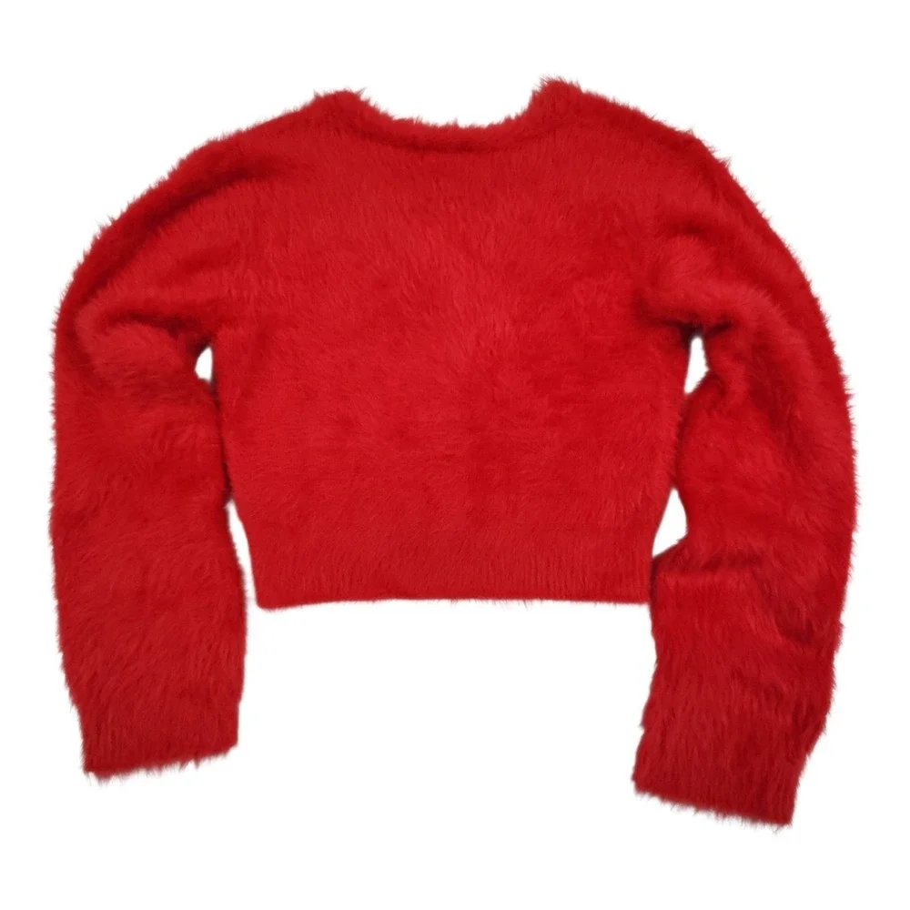 Jacquie The Label Fuzzy Cropped Cardigan M Red Rhinestone Bow Coquette Holiday